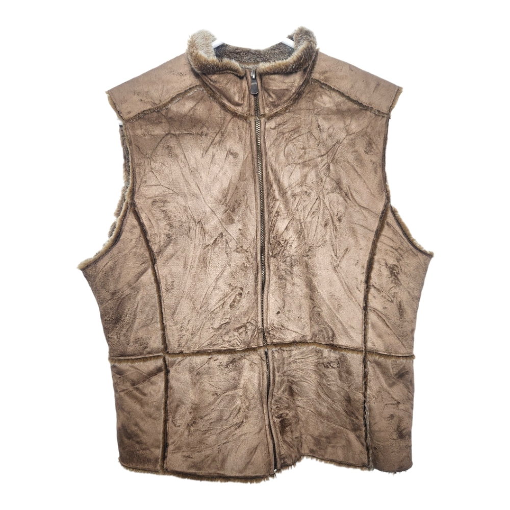 90s Vintage Barrage Faux Suede Leather Fur Lined Vest Size Large Women